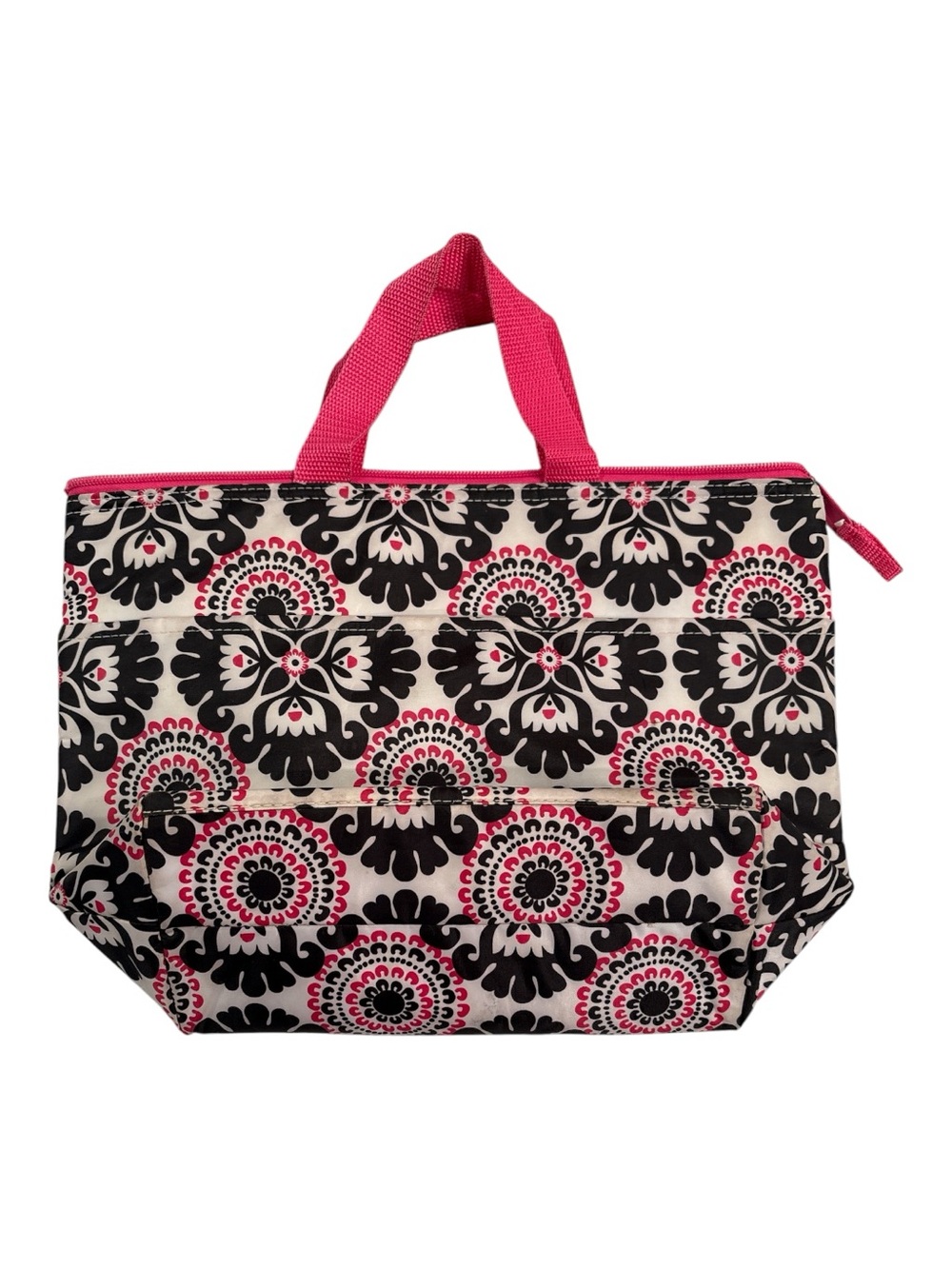 thirty-one Pink and Black lunch bag in pink pop medallion insulated